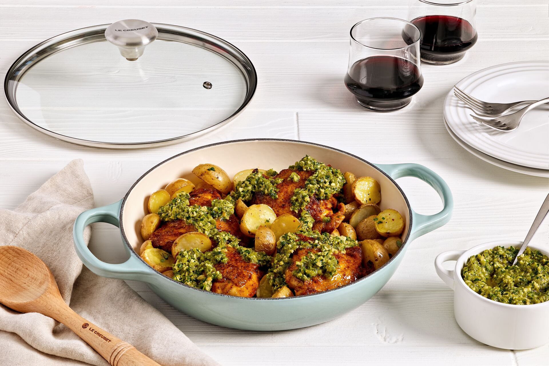 Braised Paprika Chicken and Potatoes with Green Romesco